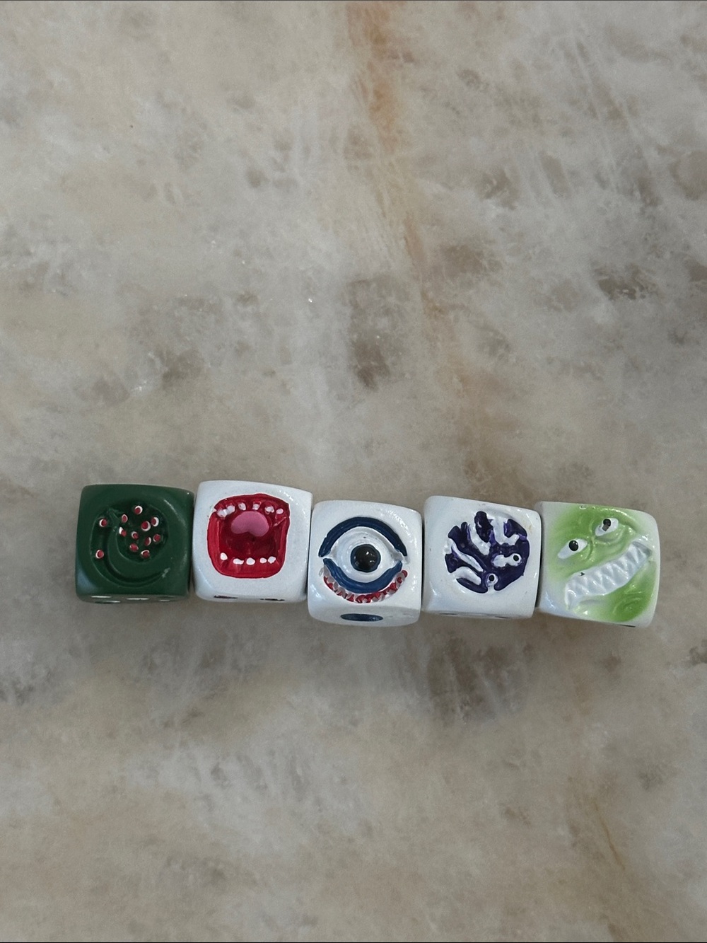 Kids Monster Face Dice Set - Green, White, Red, Blue, Purple